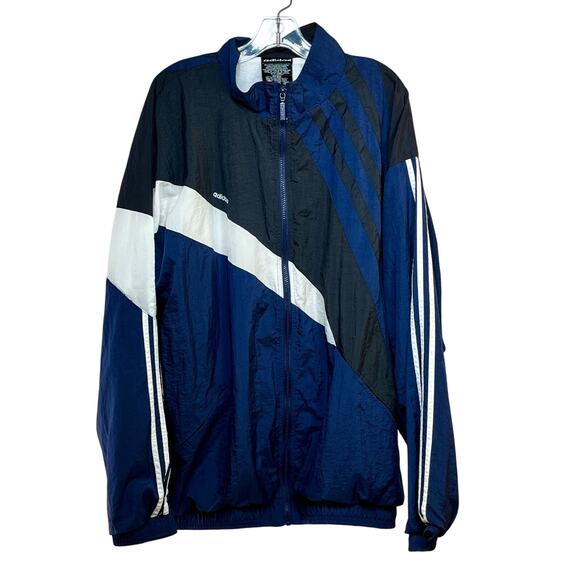 Adidas Men's 2XL/3XL Track Jacket Nylon Blue Black Logo Mock Neck Full Zip 1990s - Picture 1 of 4